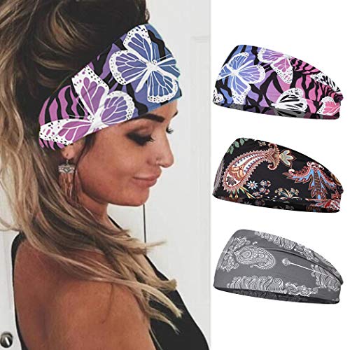 Jeairts Boho Headbands Headpiece Running Hair Bands Non Slip Bandana Headband Elastic Head Wraps Wide Head Scarfs Stylish Yoga Hair Accessories for Women and Girls（Pack of 3） (Butterfly)