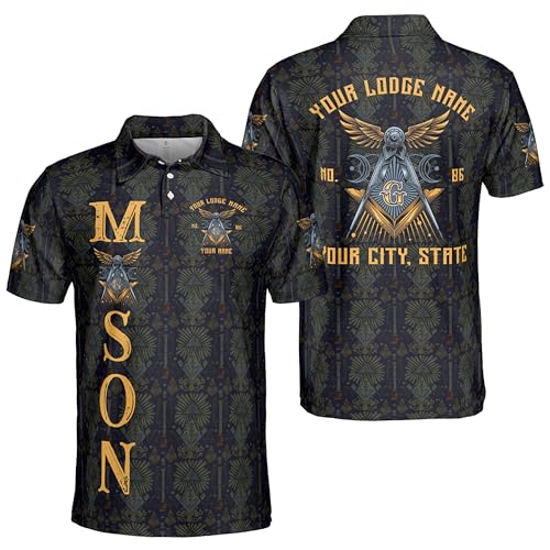 Customize Name, Lodge Name Masonic Pattern Seamless Freemason 3D Men's Polo Shirt S-5XL
