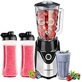 Standmixer | 600ml | 2x 570 ml To-Go Becher | 6-Fach Metallmesser | 500 Watt | Glas Edelstahl | Pulsfunktion | Eiweiß Shaker | Smoothie Maker | Universal Power Mixer | Ice Crusher