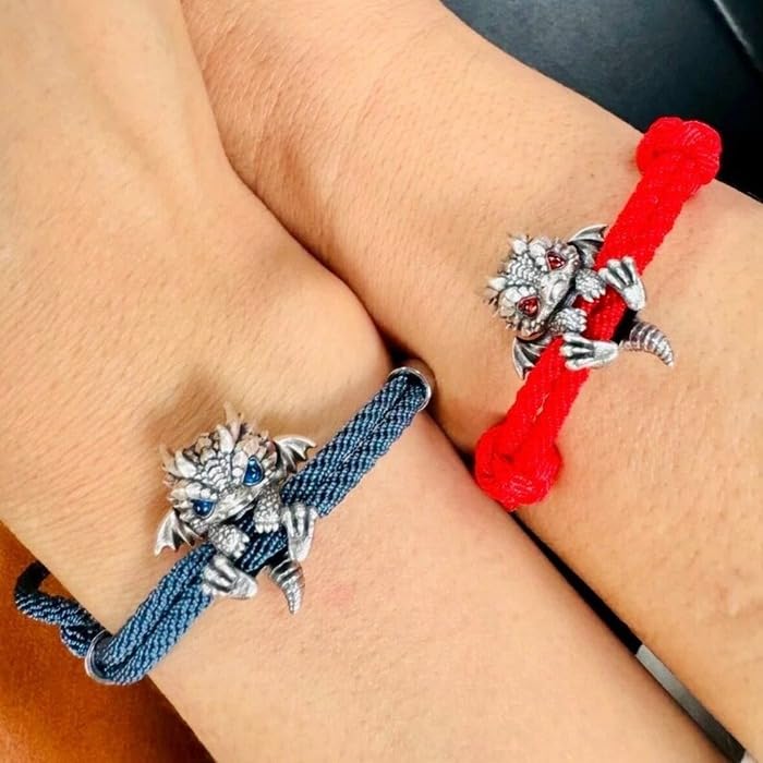 Cute Silver Dragon Bracelet, Adjustable Handcrafted Braided Dragon Rope Bracelet, Sterling Silver Dragon Bead Lucky Charm Bracelet, Vintage Red Healing Bracelet For Man Women (Red)4