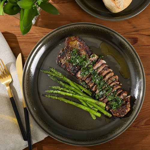 Image of Gibson Elite 12 Piece (Service for 4) Lakecrest Plates and Bowls Reactive Glaze Round Dishes Stoneware Ceramic Dinnerware Set - Dark Green