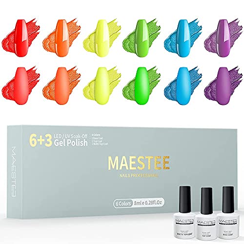 Maestee Gel Nail Polish Set - 9 Bottles-Bright Neon Nail Polish With Glossy & Matte Gel Top Coat Base Coat Soak Off UV/LED Nail Lamp 0.28oz Set-C