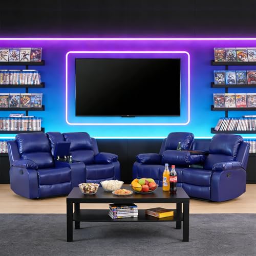 Bicerkib Leather Recliner Sofa Set for Living Room Furniture Sets, Blue Faux Leather Manual Reclining Sofa and Loveseat Set 2 Pieces for Home Furniture/Theater Seating/Rv Car/Curbside Only(3+2)