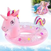 DAVBNM Unicorn Inflatable Floats Rings for Kids, Girls Unicorn Inflatable Pool Rings Floaties with Glitter for Kids Swimming Pool Water Sports, Summer Swimming Ring for Pool Toys Party, Pink