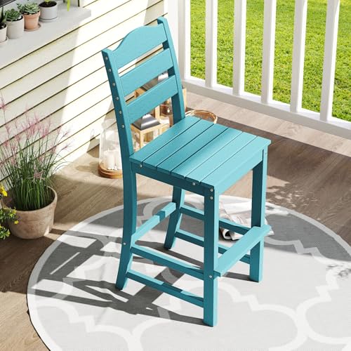 Image of Tangkula Patio HDPE Barstool, Outdoor High Top Bar Chair w /Backrest & Footrest, All-Weather Wood-Plastic Bar Height Chair for Poolside, Backyard, Porch (4, Turquoise)