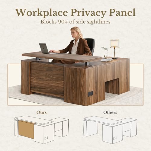 Image of 63 Inches L Shaped Standing Desk, Executive Electric Adjustable Desk with Storage Drawers and File Cabinet, AC /USB, 1.18 inch Thiken Desktop and Privacy Panel for Home Office, Black Walnut