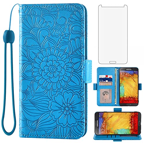 Compatible with Samsung Galaxy Note 3 Wallet Case and Tempered Glass Screen Protector Card Holder Stand Magnetic Leather Flip Cell Accessories Phone Cover for Glaxay Note3 N9005 Women Men Blue