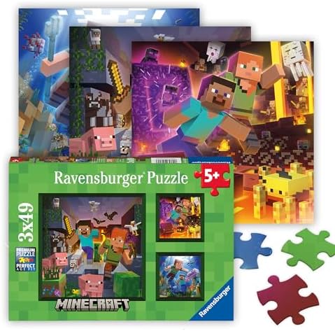 Ravensburger Minecraft Biomes 3 x 49 Piece Jigsaw Puzzle Set for Kids - Every Piece is Unique, Pieces Fit Together Perfectly