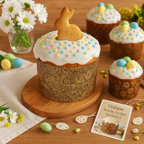 Image of 12 oz Kulich & Panettone Baking Molds - 12 Pack | Non-Stick Easter Bread Paper Forms | W 4.3 inch x H 3.4 inch | Oven & Microwave Safe | Brown Elegant Design + Bonus Family Recipe
