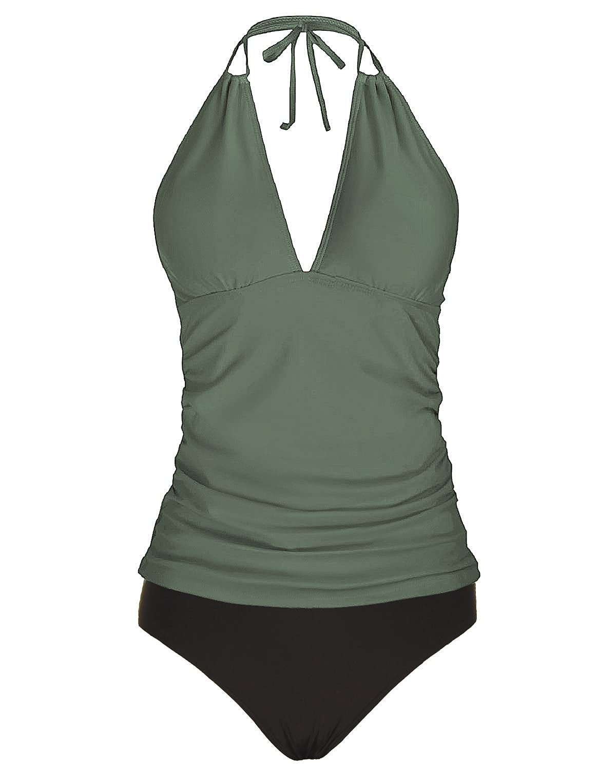 Women's Tummy Control Tankini Swimsuit - V-Neck Halter Two Piece Bathing Suit Plus Size