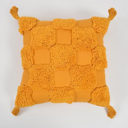 Image of TIB Premium Boho Decorative Throw Cushion Covers, 16 x 16 cm, Set of 2, Cotton. (Mustard Checks)-230 TC