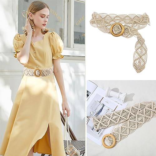mdgfge Belts Boho Woven Rattan Straw Rope Braid Waist Belt with O-Ring Wooden Buckle Bohemian Style Skirt Fashion Skinny Macrame Waistband for Women Girls2
