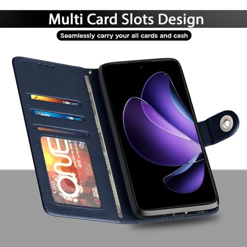 Image of Pikkme Flip Cover Leather Finish | Inside TPU with Card Pockets | Wallet Stand and Shock Proof | Complete Protection Button Flip Case for Oppo Reno 13F 5G(Blue)