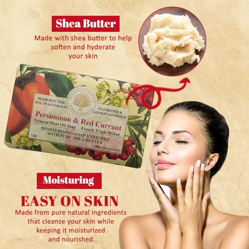 Image of Wavertree & London Persimmon & Red Currant Scented Natural Soap Bars (2 Bars), 7 oz Moisturizing French Triple Milled Soap Bars enriched with shea butter, Plant Oil Bath & Body Soap for Women & Men