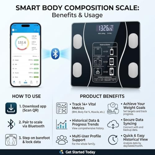 Image of Smart Bluetooth Body Fat Scale Digital Weight Scale with Mobile App | Bluetooth Smart Scale, Body Fat & BMI Analyzer, App Sync Data, LCD Display, High Precision Sensors, 180kg Capacity