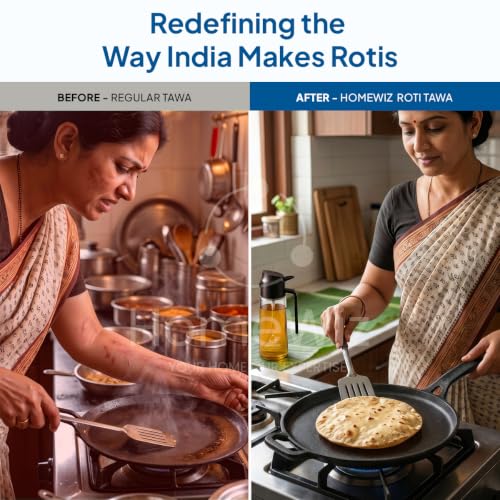 Image of HomeWiz Cast Iron Roti Tawa 28 cm | Free Oil Dispenser 500ml | Pre-Seasoned Iron Tawa with Long Handle for Roti, Chapati, Chillas & Paratha | Naturally Non-Stick | Induction & Gas Compatible