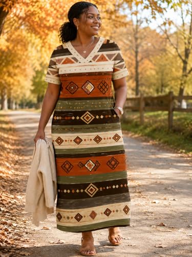 Image of Plus Size Maxi Dress for Women Short Sleeve V Neck Casual Loose Sundress with Pockets