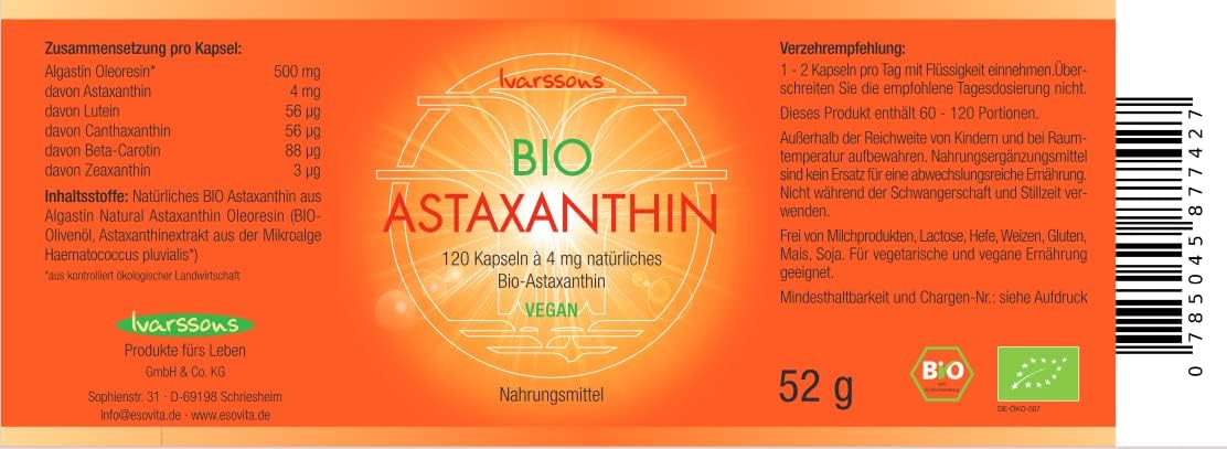 BIO Astaxanthin - 120 Kapseln à 4mg natürl. Bio-Astaxanthin - Ivarssons Original - VEGAN