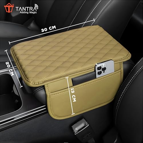 Image of TANTRA Car Armrest Cover Cushion with 2 Storage Bags - Soft, Comfortable, Non-Slip Protector for Vehicle Center Console - Waterproof, Durable, and Stylish (Beige)
