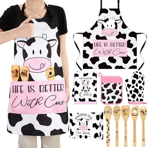 Funnymoom 10 Pcs Mother's Day Cow Kitchen Gift Set for Women Include Apron Oven Mitts Pot Holder Dish Towel Cooking Utensil Kit