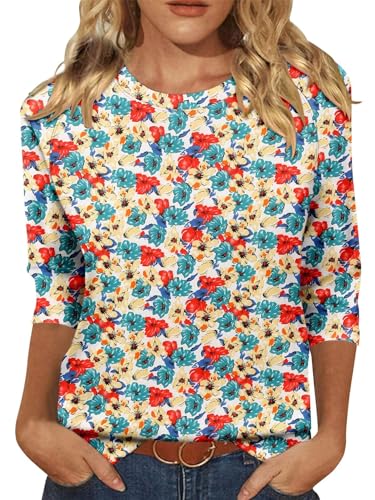 KISSMODA Tunic Tops for Women Loose Fit Dressy Round Neck Pleated 3/4 Length Sleeve Spring Tops