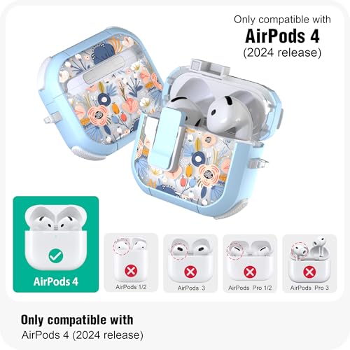 Image of WENEW Case for AirPods 4th Case Cover Secure Lock Automatic Snap Switch Clip Cleaner Kit Lanyard Women Stylish Flower Armour Hard Shell Full Body Front LED Visible (Blue, AirPods 4)