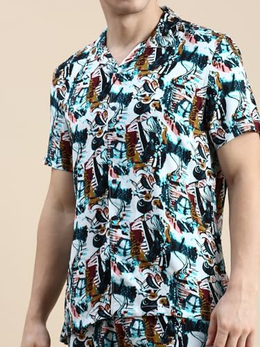 Image of SHOWOFFFF Men Printed Two-Piece Co Ords | Cuban Collar Half Sleeves Cotton Co-Ords for Mens | Mid-Rise Relaxed Fit Regular Length Co-Ord for Men's