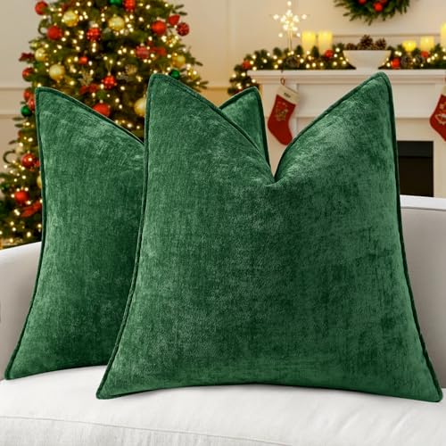 decorUhome Chenille Green Velvet Throw Pillow Covers 22x22 Set of 2