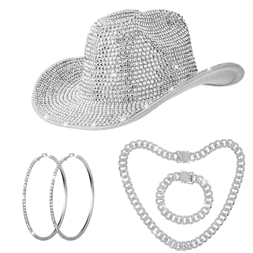 Hercicy Cowgirl Outfit for Women Silver Rhinestone Cowboy Hat with Bling Cuban Link Chain Necklace Bracelet Circle Earring
