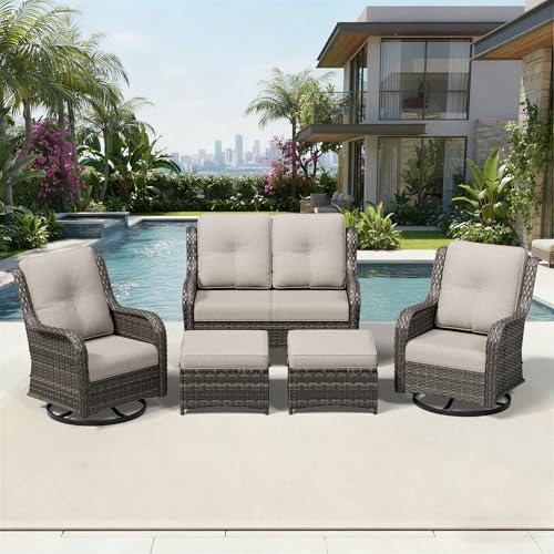 Image of Joyside 5 Piece Wicker Patio Furniture Set, Outdoor Swivel Rocker Patio Chairs with High Back, Deep Seating, Wide Armrest, Thickened Cushions, Outdoor Furniture for Deck, Porch Use