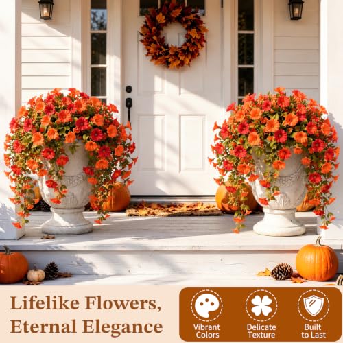 Image of Lewondr Artificial Fall Hanging Flowers UV Resistant Silk Petunias, Orange | Morning Glory, No Watering Needed, Fade Proof, for Porch Patio Balcony Yard Baskets, Autumn Decorations, Indoor Outdoor Use