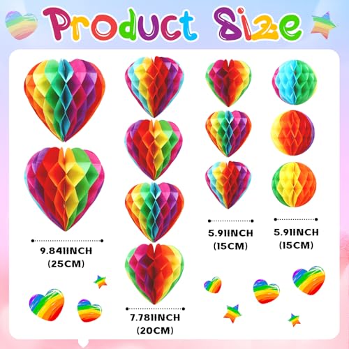 Image of BOARDFEB 12 Pcs Rainbow Pride Heart Round Paper Honeycomb Balls Pride Decorations, Heart Sshaped Honeycomb Ball Pendant Suitable for LGBT Parade Parties Celebrations Birthday Wedding Decorations