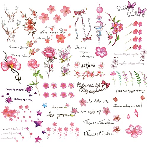 LOYIM 30 Blatt Aquarell Temporäre Tattoos Frauen Blumen Rosa Fake Tattoos Aufkleber Wasserfeste Erwachsene Kinder Festival Tattoo zum Aufkleben auf die Haut Arm Gesicht Nacken Hand