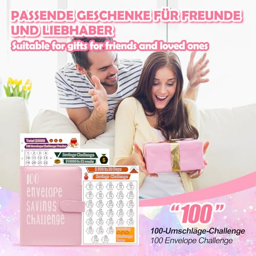 Fettwal 100 Envelope Saving Challenge, Sparbuch für Geld Challenge, A5 Geld Sparen Challengers Geldsparmappe, mit 3 Speicherkarten & Aquarellstift, Sparbuch für Haushaltsgeld Sparchallenge (Rosa)