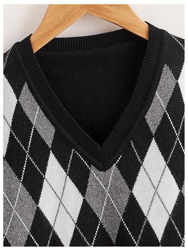 SweatyRocks Girl's Argyle Plaid Sweater Vest V Neck Sleeveless Preppy Knit Vest Tops3