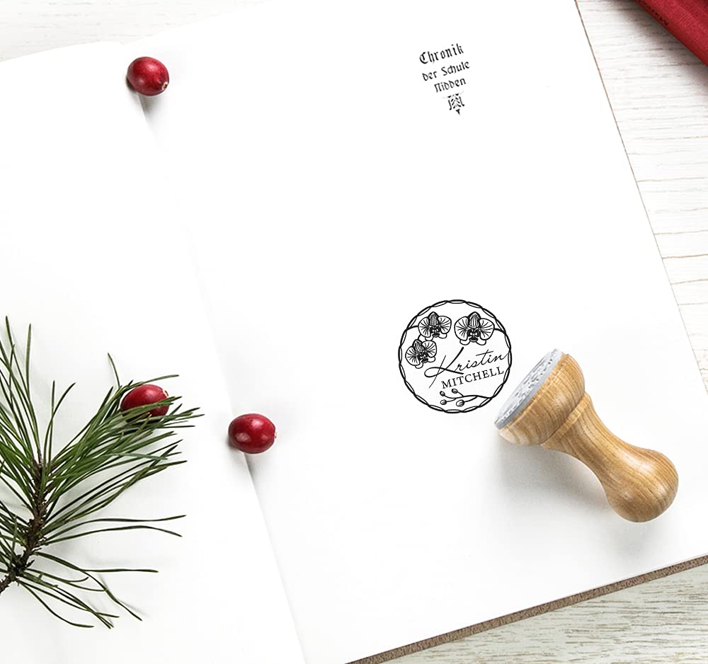 Stempel Personalisiert Blumenkranz Orchideen, Holz Rund 37mm, Spezielle Kraft Geschenkbox