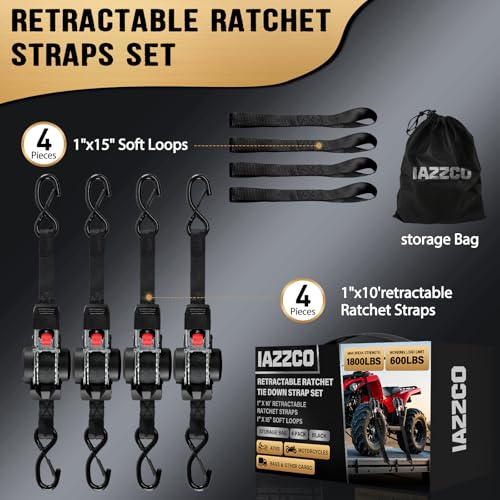 Image of Retractable Ratchet Straps (4-Pack) - 1 Inch x 10 Ft (1800 LB Break Strength) Heavy Duty Polyester with Soft Loops & Storage Bag for Household, Motorcycle, Truck, ATV (Black)