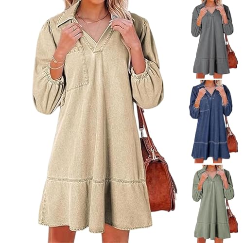 Vestido Vaquero con Capas, Cuello en V y Mangas abullonadas para Mujer, Vestidos Vaqueros con Volantes y Mangas 3/4, Vestido Vaquero Camisero Holgado de Verano con Bolsillos. (Apricot,S)