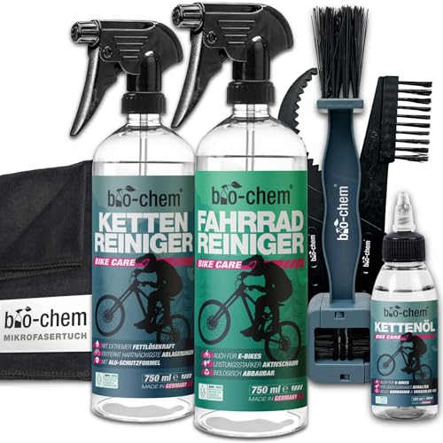 Bio-chem – Pflegeset für Fahrrad, Mountainbike mit Zubehör – Kompletter Reiniger 750 ml – Kettenentfetter 750 ml – Schmieröl 100 ml – Reinigungstuch und Bürsten enthalten – Profi Set 7 Produkte