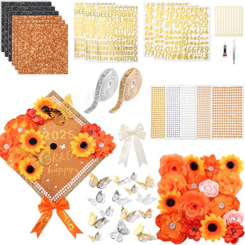 Wavwavw 63 Pcs DIY Graduation Cap Decorations Kit Include Faux Flowers 3D Butterfly Bow Self Adhesive Rhinestones and Alphabet Letter Stickers for 2025 Grad Cap Topper Decor Graduation Party(Orange)