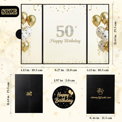 Image of 50th Birthday Guest Book Alternative, Black Gold Signature Board | 16.53 x 11.61 in trifold board, magnetic closure, starlight film, stands upright, pre-printed for 50th birthday wishes