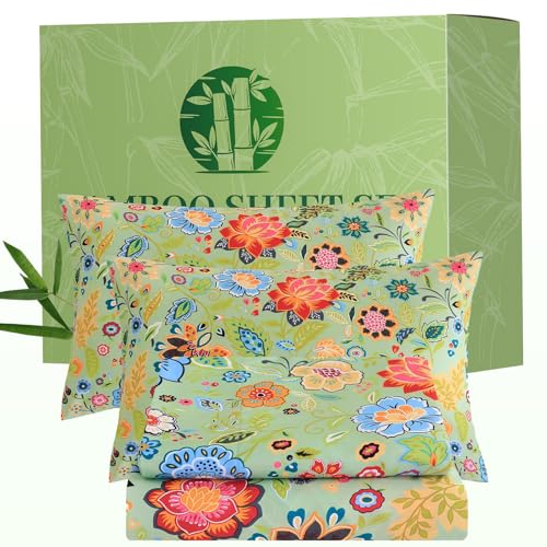 Image of Bedlifes Extra Deep Pocket 18-24 inch Queen 4-Piece Sheet Set - Cooling Sheets Blend Rayon Derived from Bamboo Soft & Breathable Floral Sage Green