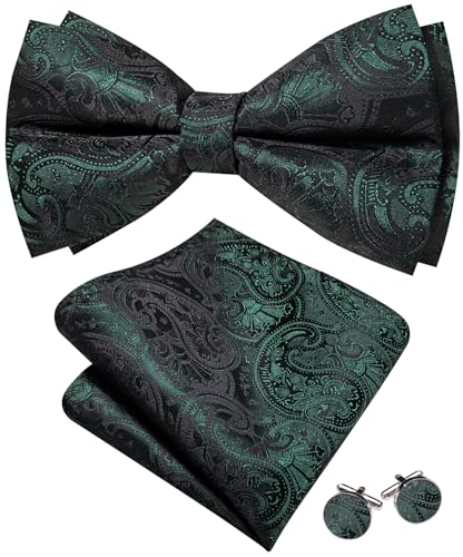 Image of Barry.Wang Paisley Striped Bow Tie for Men Silk Pre-Tied Bowtie Pocket Square Cufflinks Set Formal Wedding Party Prom