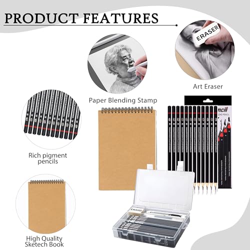 Image of DaKos Professional Sketching Pencil Set for Artists - Art Supplies for Shading & Sketching Complete Drawing Kit with Graphite Pencils in Cardboard Box, A5 Sketchbook & Carry Case (35 Pcs)