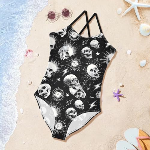 White Skull Pattern Girls One Piece Swimsuits Summer Quick Dry Beach Bathing Suit3