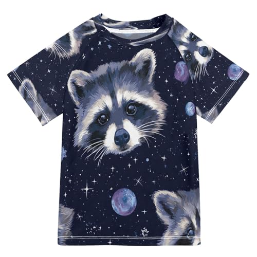 Boys Short Sleeve T-Shirts Raccoon Galaxy Star Rashguard Kids Swim Shirts Sun UPF 50+