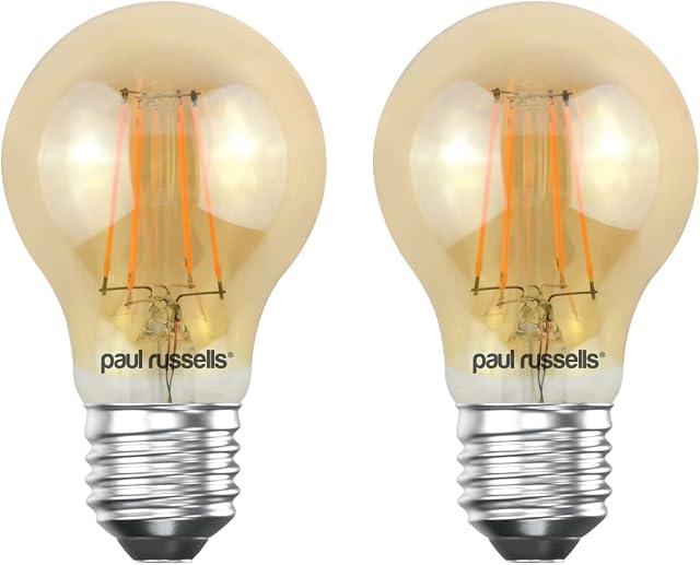 paul russells LED Filament GLS Light Bulbs Edison Screw Fitting Cap E27, 35w Equivalent A60 GLS Standard 4W 380LM LED Globe 2200K Amber Bulb Celling Energy Saving Lamp Pack of 2