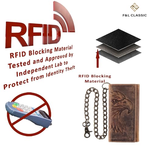 Image of F&L CLASSIC RFID Blocking Mens Tri-fold Long Style Cowhide Leather Steel Chain Wallet,brown eagle head,212-102