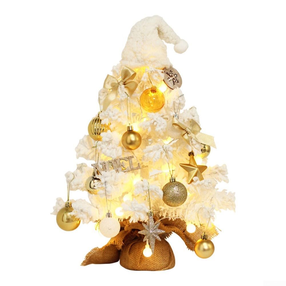 Mini albero di Natale da tavolo con LED bianco e neve, decorazione per la casa