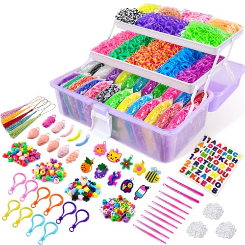 ROSHUKG 14500 Gomas para Hacer Pulseras, Kit para Hacer Pulseras de Goma de Colores con Recipiente de 3 Capas para Niñas Niños(Morado)